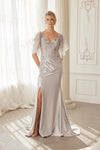 Load image into Gallery viewer, Wholesale Sweetheart Flutter Sleeve Beaded Lace Trumpet Gown with Slit &amp; Sweep Train by LAXME148 - SILVER - Dress LAX