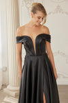 Load image into Gallery viewer, Wholesale Off-Shoulder Deep-V Stretch Satin A-Line Gown with Slit &amp; Sweep Train by LAXME150 - - Dress LAX
