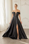 Load image into Gallery viewer, Wholesale Off-Shoulder Deep-V Stretch Satin A-Line Gown with Slit &amp; Sweep Train by LAXME150 - BLACK - Dress LAX