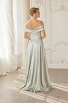Load image into Gallery viewer, Wholesale Off-Shoulder Deep-V Stretch Satin A-Line Gown with Slit &amp; Sweep Train by LAXME150 - - Dress LAX