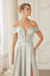 Load image into Gallery viewer, Wholesale Off-Shoulder Deep-V Stretch Satin A-Line Gown with Slit &amp; Sweep Train by LAXME150 - - Dress LAX