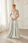 Load image into Gallery viewer, Wholesale Off-Shoulder Deep-V Stretch Satin A-Line Gown with Slit &amp; Sweep Train by LAXME150 - SAGE GREEN - Dress LAX