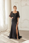 Load image into Gallery viewer, Wholesale Scoop Neck Butterfly Cape Sleeve Sequin Beaded Trumpet Gown with Slit by LAXME153 - BLACK - Dress LAX