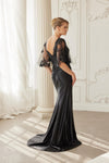 Load image into Gallery viewer, Wholesale Scoop Neck Butterfly Cape Sleeve Sequin Beaded Trumpet Gown with Slit by LAXME153 - - Dress LAX