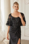 Load image into Gallery viewer, Wholesale Scoop Neck Butterfly Cape Sleeve Sequin Beaded Trumpet Gown with Slit by LAXME153 - - Dress LAX