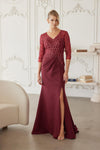 Load image into Gallery viewer, Wholesale Beaded Illusion Three-Quarter Sleeve Mother of the Bride Gown with Slit by LAXMH161 - BURGUNDY - Dress LAX