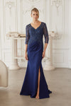 Load image into Gallery viewer, Wholesale Beaded Illusion Three-Quarter Sleeve Mother of the Bride Gown with Slit by LAXMH161 - NAVY BLUE - Dress LAX