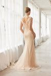 Load image into Gallery viewer, Wholesale Short Sleeve All-Over Beaded Art Deco Tulle Trumpet Evening Gown with Train by LAXMH162 - - Dress LAX