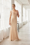 Load image into Gallery viewer, Wholesale Short Sleeve All-Over Beaded Art Deco Tulle Trumpet Evening Gown with Train by LAXMH162 - GOLD - Dress LAX