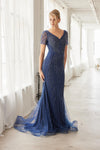 Load image into Gallery viewer, Wholesale Short Sleeve All-Over Beaded Art Deco Tulle Trumpet Evening Gown with Train by LAXMH162 - - Dress LAX