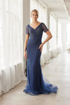 Load image into Gallery viewer, Wholesale Short Sleeve All-Over Beaded Art Deco Tulle Trumpet Evening Gown with Train by LAXMH162 - NAVY BLUE - Dress LAX