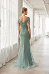 Load image into Gallery viewer, Wholesale Short Sleeve All-Over Beaded Art Deco Tulle Trumpet Evening Gown with Train by LAXMH162 - - Dress LAX