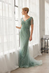Load image into Gallery viewer, Wholesale Short Sleeve All-Over Beaded Art Deco Tulle Trumpet Evening Gown with Train by LAXMH162 - - Dress LAX