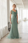 Load image into Gallery viewer, Wholesale Short Sleeve All-Over Beaded Art Deco Tulle Trumpet Evening Gown with Train by LAXMH162 - SAGE GREEN - Dress LAX