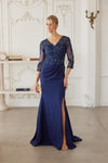 Load image into Gallery viewer, Wholesale Floral EmbroideredTrumpet Mother of the Bride Gown with Slit by LAXMH163 - NAVY BLUE - Dress LAX
