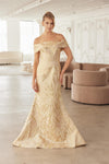 Load image into Gallery viewer, Wholesale Off-Shoulder Metallic Jacquard Brocade Trumpet Formal Evening Gown by LAXMJ144 - GOLD - Dress LAX