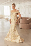 Load image into Gallery viewer, Wholesale Off-Shoulder Metallic Jacquard Brocade Trumpet Formal Evening Gown by LAXMJ144 - - Dress LAX