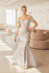 Load image into Gallery viewer, Wholesale Off-Shoulder Sweetheart Floral Jacquard Corset Bodice Mermaid Evening Gown by LAXMJ142 - SILVER BLUE - Dress LAX