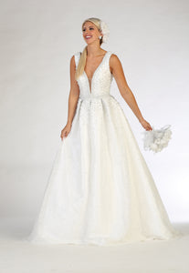LA Merchandise LA112B Sleeveless V-Neck Bridal Ball Gown with Pearls - Ivory - LA Merchandise