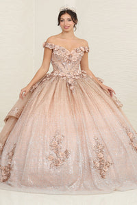 LA Merchandise LA255 Floral Appliqued Champagne Sequin Ball Gown - - LA Merchandise