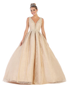 LA Merchandise LA112 Sleeveless V-Neck Pearls Quinceanera Ball Gown - Champagne - LA Merchandise