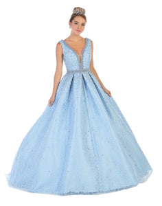 LA Merchandise LA112 Sleeveless V-Neck Pearls Quinceanera Ball Gown - Baby Blue - LA Merchandise