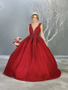 LA Merchandise LA112 Sleeveless V-Neck Pearls Quinceanera Ball Gown - Burgundy - LA Merchandise