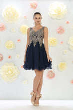 Load image into Gallery viewer, LA Merchandise LA1417 V Neck Embroidered A Line Short Homecoming Dress - Navy - LA Merchandise