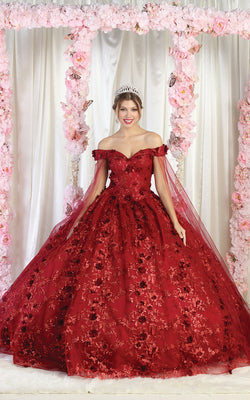 LA Merchandise LA184 Off Shoulder Floral Applique Quinceanera Dress - BURGUNDY - LA Merchandise