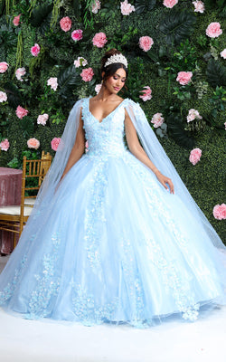 LA Merchandise LA193 Cape Sleeves Lace Applique Quinceanera Dress - BABY BLUE - LA Merchnadise