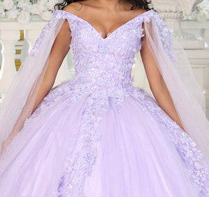 LA Merchandise LA193 Cape Sleeves Lace Applique Quinceanera Dress - - LA Merchnadise