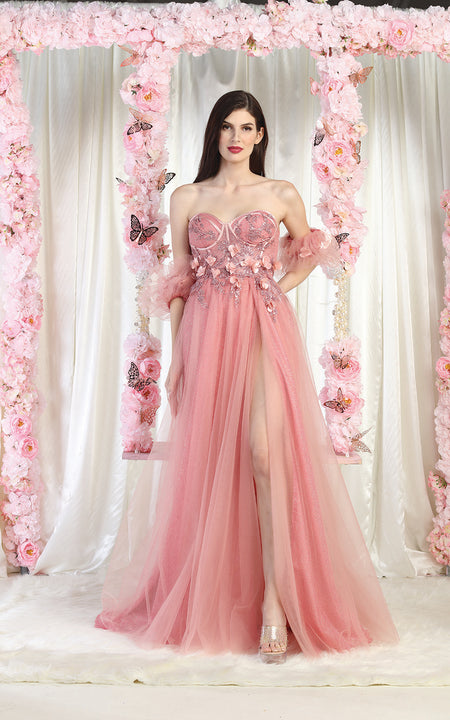 LA Merchandise LA1961 Strapless Prom Gown with Detachable Sleeves - LIPSTICK - Dress LA Merchandise