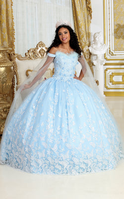 LA Merchandise LA197 Feather Detachable Cape Sleeves Glitter 15 Gown - BABY BLUE - LA Merchnadise