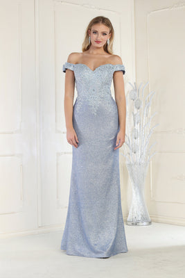 LA Merchandise LA2005 Off-Shoulder Lace Appliqued Evening Dress - DUSTY BLUE - Dress LA Merchandise
