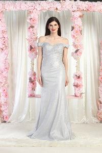 LA Merchandise LA2005 Off-Shoulder Lace Appliqued Evening Dress - SILVER - Dress LA Merchandise
