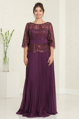 LA Merchandise LA2007 Mother of Bride 3/4 Sleeve Pleated Flowy Gowns - EGGPLANT - Dress LA Merchandise