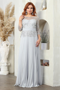 LA Merchandise LA2007 Mother of Bride 3/4 Sleeve Pleated Flowy Gowns - SILVER - Dress LA Merchandise