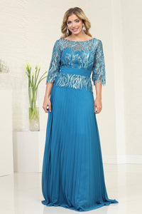 LA Merchandise LA2007 Mother of Bride 3/4 Sleeve Pleated Flowy Gowns - TEAL BLUE - Dress LA Merchandise