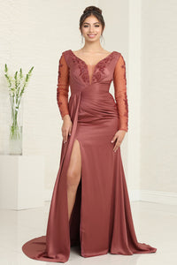 LA Merchandise LA2008 Mother of Bride Detailed Long Sleeve Dress - BRICK - Dress LA Merchandise