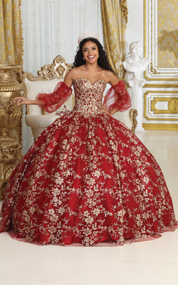 LA Merchandise LA200 Glitter Embroidery Detachable Ball Quince Gown - BURGUNDY GOLD - Dress LA Merchnadise