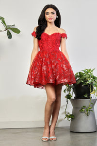 LA Merchandise LA2012 Glitter Applique Off Shoulder Short Prom Dress - RED - Dress LA Merchandise