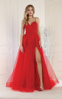 LA Merchandise LA2013 Embroidered Tulle Prom Gown - RED - Dress LA Merchandise