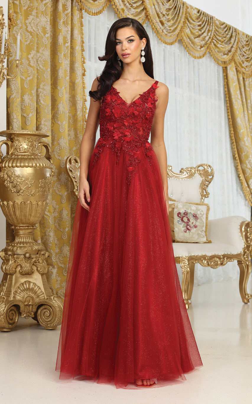 LA Merchandise LA2015 A-line Mesh 3D Floral Applique Pageant Gown - BURGUNDY - Dress LA Merchandise