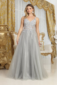 LA Merchandise LA2015 A-line Mesh 3D Floral Applique Pageant Gown - SILVER - Dress LA Merchandise