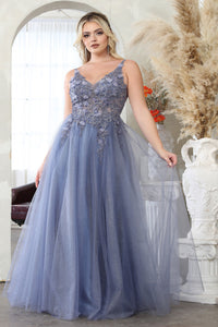 LA Merchandise LA2015 A-line Mesh 3D Floral Applique Pageant Gown - DUSTY BLUE - Dress LA Merchandise