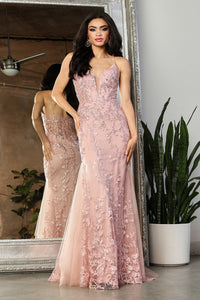 LA Merchandise LA2030 Illusion Sheer Embroidered Mermaid Evening Dress - DUSTY ROSE - Dress LA Merchandise
