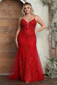 LA Merchandise LA2030 Illusion Sheer Embroidered Mermaid Evening Dress - RED - Dress LA Merchandise