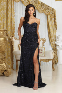 LA Merchandise LA2034 Sweetheart Sequined Corset High Slit Gala Gown - NAVY - Dress LA Merchandise