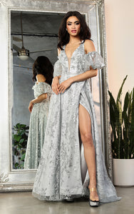 LA Merchandise LA2038 Detachable Sleeves Special Occasion Glitter Gown - SILVER - Dress LA Merchandise