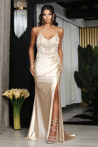 LA Merchandise LA2043 V-Neck Satin Embellished Prom Evening Dress - CHAMPAGNE - Dress LA Merchandise